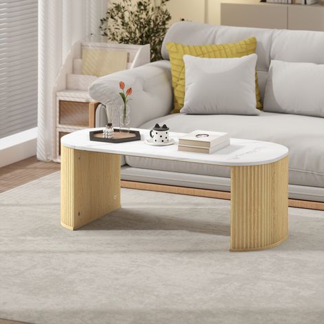 Ovaler Couchtisch, Beistelltisch in Marmoroptik, abgerundete Ecken, dicke Beine, 110 x 50 x 40 cm, weiß (1/5)