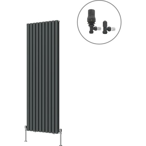 Designer Oval Column Radiator Central Heating Rad Anthracite with Angled Thermostatic Valves Vertical Double 1800x590mm (1/4)