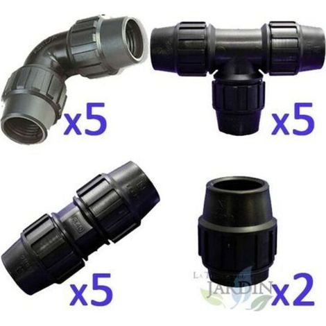Lot Arrosage 20mm: 5 tés + 5 coude + 5 jonctions + 2 bouchons. Raccord en polyéthylène pour tuyaux agricole Accessoire et raccord goutte à goutte (1/5)