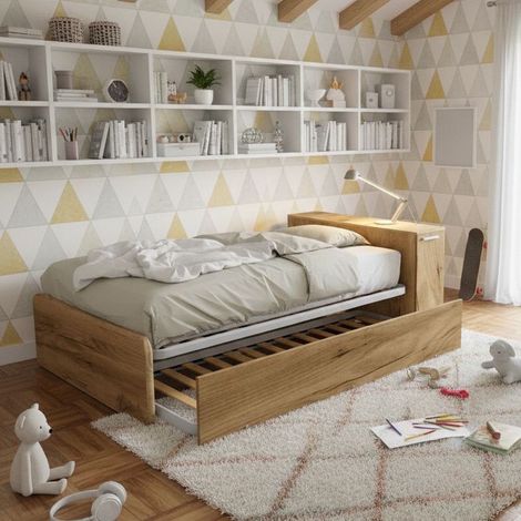 Letto una piazza e mezza 120x190 con contenitore e secondo letto estraibile - Quercia