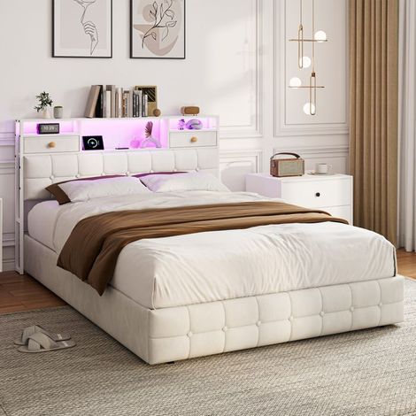 Cama 140x200 cm con LED, Cama doble 140x200 cm, Estructura de cama de metal, Cama para 2 personas, 4 cajones y somier incluidos, Sin colchón (1/5)