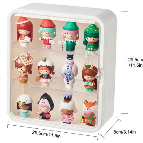 Boîte de rangement pour poupées, petits jouets et figurines, avec couvercle anti-poussière transparent, blanche. (1/5)