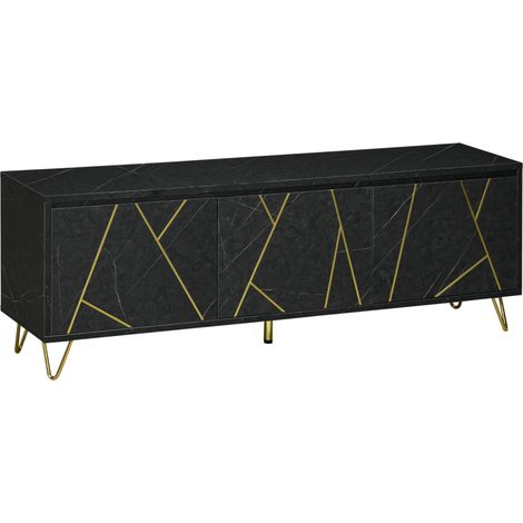 Meuble TV pour télé 65 pouces, effet marbre, 3 portes amorties, étagères réglables, 147×35×52 cm, pied métal, charge 100 Kg (1/5)