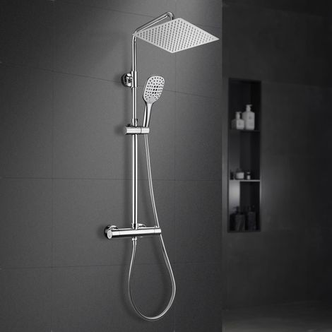 Colonne de Douche avec Robinetterie Thermostatique Mitigeur Ensemble de Douche en acier inoxydable avec Pommeau de douche Effet Pluie et Douchette (25  25cm, Chromée) (1/5)