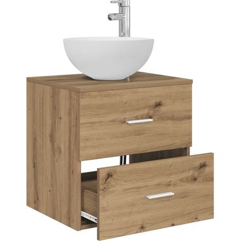Meuble Lavabo Mural en Chêne Massif Artisanal 49,5 x 35 x 63 cm - Vasque avec Rangement Salle de Bain (1/5)