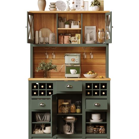 Armoire de cuisine haute 120x45x188cm, buffet de cuisine vert avec portes en verre, éclairage LED et porte-bouteilles (1/5)