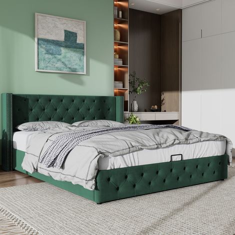 Green Velvet Hydraulic Storage Bed,135190cm,Stylish and Functional Upholstered Design (1/5)