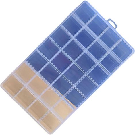 Boîte de rangement transparente en plastique ABS à 28 compartiments pour petits objets, bijoux et élastiques à cheveux. (1/5)