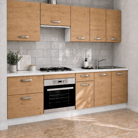 Cocina completa KIT-KIT GAVI de 240 cm, color roble albar, con zocalo y encimera.