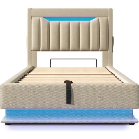 Lit coffre 90x200 cm en lin beige avec LED USB et USB-C MODENUIT (1/5)