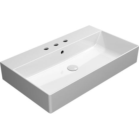 Lavabo en céramique KUBE X 80x47cm, bord inférieur rainuré, 3 trous de robinetterie, blanc ExtraGlaze (1/4)