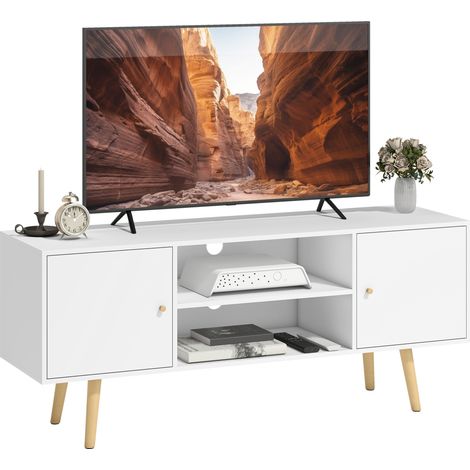 Mobile porta TV in stile scandinavo con 2 ante, 2 ripiani a giorno, sistema di gestione dei cavi, gambe in legno di pino, pannelli bianchi - 120 x 34 x 50 cm bianco