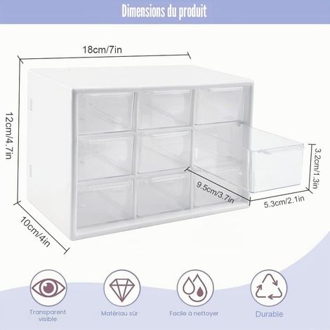 2-Piece 9-Compartment Storage Box, 18 x 12 x 10 cm, Plastic Drawer Organizer for DIY Tools, White (1/5)