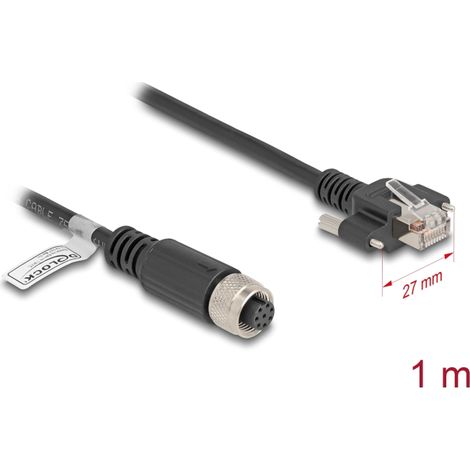 Delock M12 Cable A codificado 8 pines hembra a RJ45 macho con tornillos Cat.5e FTP 1 m negro