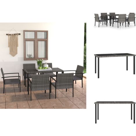 7-tlg. Garten-Essgruppe Poly Rattan Grau - Gartensessel - Esstisch - Gartenmöbelset - Outdoor-Möbel - Rattanmöbel (1/5)