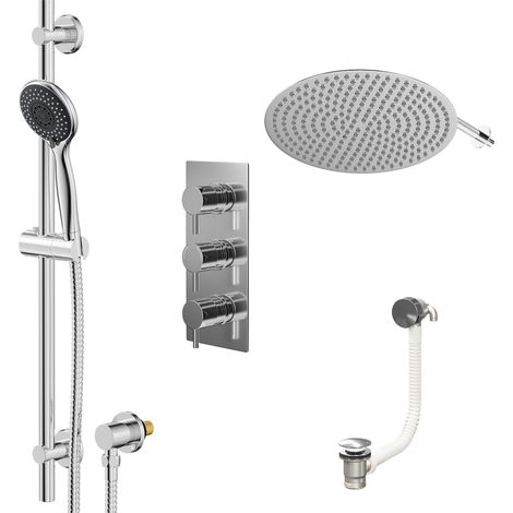 Circo Polished Chrome Concealed Triple Thermostatic Shower Valve with Diverter and 400mm Round Head with 345mm Wall Arm and Clyde Slide Rail Kit with Free-Flow Bath Filler - 3 Outlet (1/5)