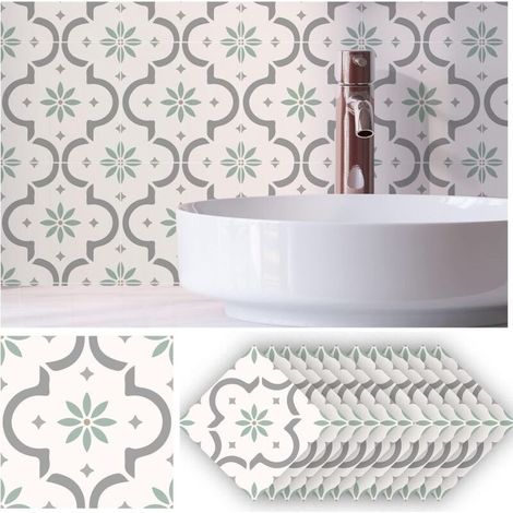 10PCS 15X15CM adhesive wall tiles, light green and white flowers, peel and stick adhesive backsplash for kitchen, waterproof tile stickers (1/4)