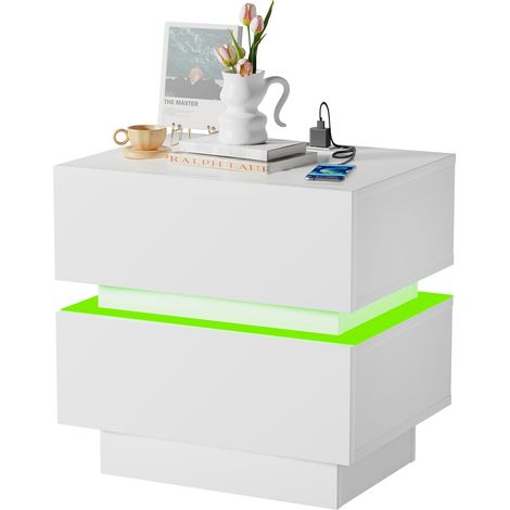 Table de Chevet LED avec 2 Tiroirs - 16 Coloris Personnalisables & Éclairage d'Ambiance, Panneau de Particules Résistant (45x35x46cm) - Multifonctionnelle pour Chambre/Salon/Game Room (1/5)