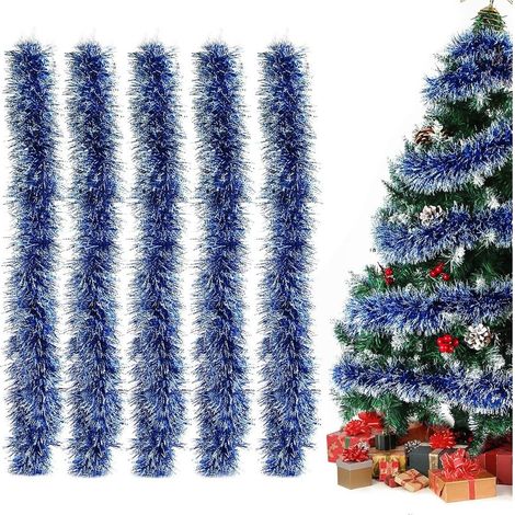 Lot de 5 guirlandes de Noël bleues en tinsel métallique scintillant – décorations pour sapin, maison, fenêtre et fêtes de fin d’année (1/4)