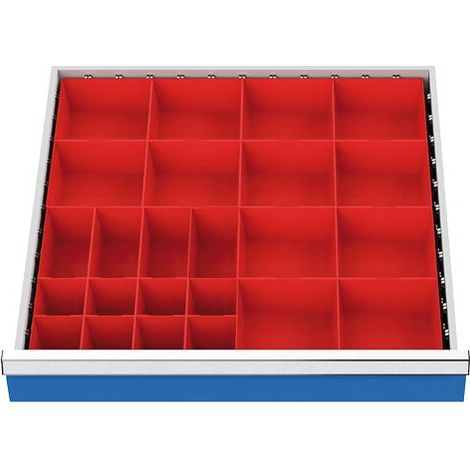 Schubladeneinteilung R 24-24 mit Kleinteilekästen für Front 100 mm Maße in mm (BxT): 600 x 600 (1/3)