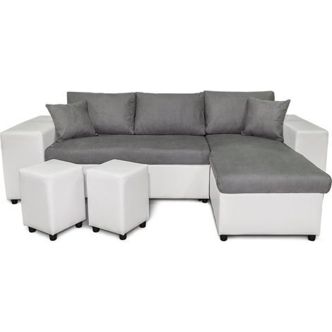 Canapé d'angle réversible MADY avec coffre, accoudoir étagère et poufs gauche en bi-matière (1/5)