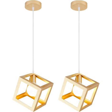 2X Retro Ceiling Lights Modern Hanging Lamp Square Pendant Light (Gold) Iron Metal Cage Pendant Light Creative Geometric Ceiling Light