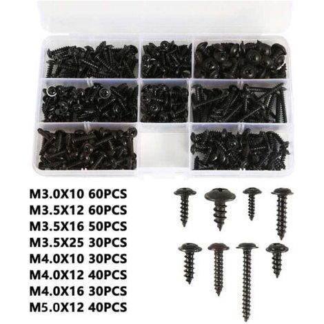 340PCS Self Tapping Screw Assortment M3 M3.5 M4 M4.8 Black Sheet Metal Screws Cylindrical Self Drilling Screw Good Quality Black Self Drilling Screw Durable Zinc Plated with Convenient Plastic Box (1/4)