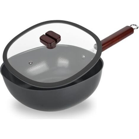 Big Belly Pot Poêle en fer forgé à la main non revêtue de 24 cm avec couvercle en verre, poêle japonaise forgée pour cuisinière à gaz et induction