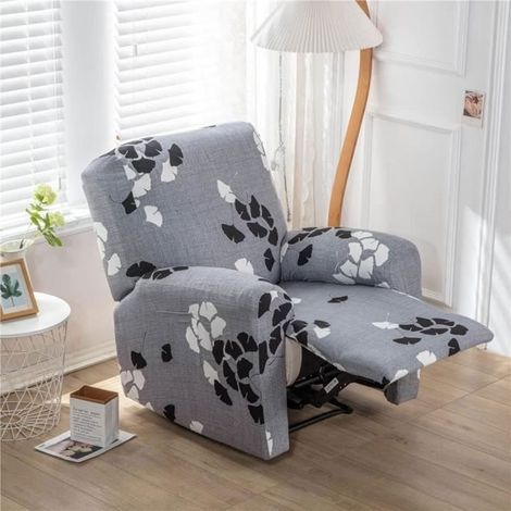 Housse de Fauteuil Relax Extensible 1 Place - Gris Ginkgo biloba - Impression - Inclinable Electrique - Poche (1/4)