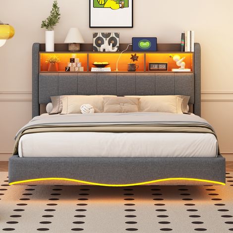 Lit design suspendu 140x200 cm en lin, gris, avec rangement intégré, éclairage LED, ports USB et Type-C