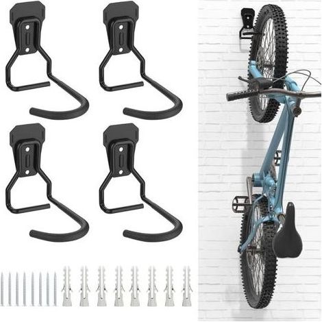 Ineasicer Lot de 4 Crochets Vélo, Supports de Cintre de Vélo en Fer, Support Mural de Rangement pour Vélos Robuste en Forme de L, Support Vertical de Vélo Pratique pour Maison Garage, Noir (1/4)