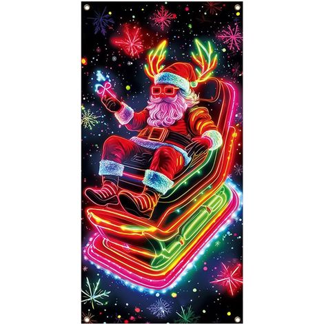 Bannière De Porte Père Noël 90x180 Cm Décor UV Fluorescent pour Fêtes Toile de pour Porte de Garage de Fêtes Pour Garage Porche Entrée Mur Extérieur École Propriétaires (1/5)