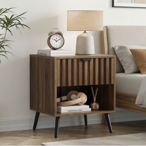 Table de chevet moderne en MDF noyer avec 1 tiroir, 1 niche ouverte et pieds métal noir, 45 x 40 x 53 cm (1/5)