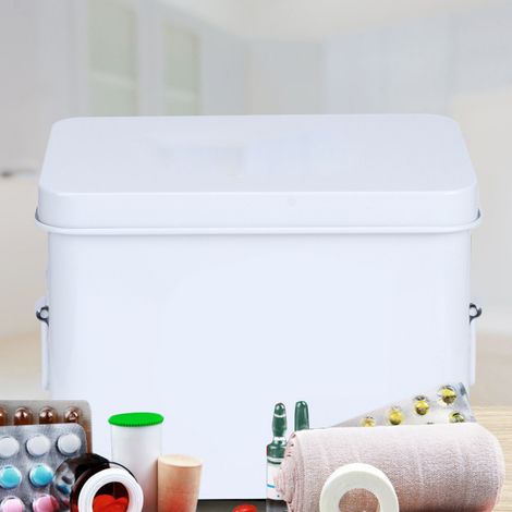 Trousse médicale d'urgence multifonctionnelle blanche à double compartiment, boîte de rangement métallique pour médicaments (1/5)