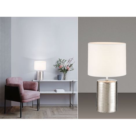 LED Tischlampe mit Keramikfuß Silber Antik & Stoffschirm Leinen Weiß, Höhe 35cm (1/5)