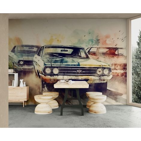 Papier peint vintage – Voitures classiques en aquarelle - 150 x 250 cm (1/2)