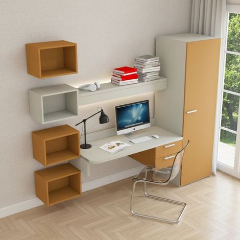 Scrivania sospesa design con mensola luminosa, pensili e armadio - Ecru e Zolfo (1/5)