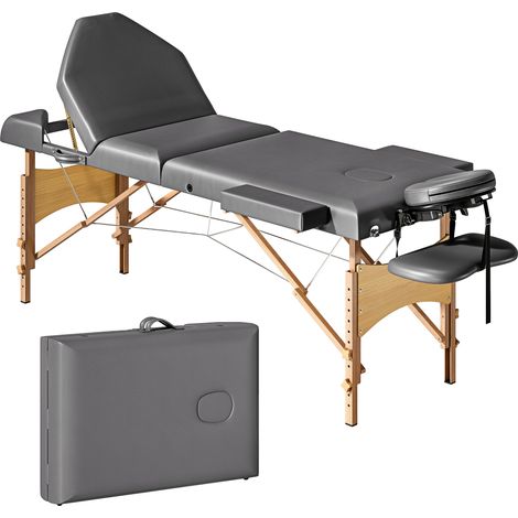Table de massage - HOMCOM - 3 zones pliante et portable - hauteur et dossier réglables, appui-tête - bois hêtre - 215x60x89cm - gris (1/5)