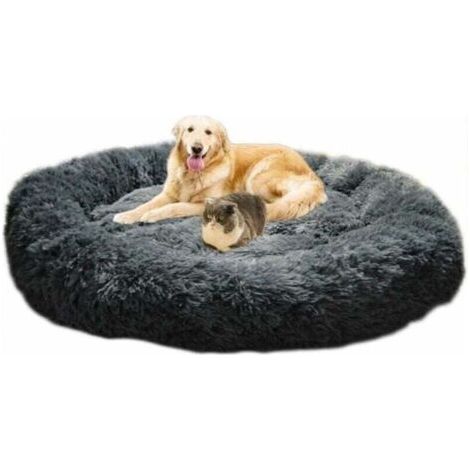 Lit moelleux rond pour chat et chien, extra large lavable avec coussin, lit pour animal de compagnie de luxe-100x100cm-gris (1/4)