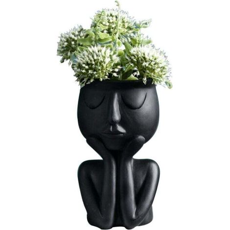 Kreative Vase in Form einer nordischen Figur, Sukkulenten, abstrakter Blumentopf, Gesicht und Blumen, für den Innenbereich, schwarze Vase