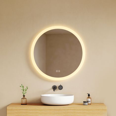 EMKE LED Badezimmerspiegel mit Antibeschlag Ø60cm Dimmbar 3 Lichtfarben Touch Schalter Mattierter Lichtrand Rahmenlos