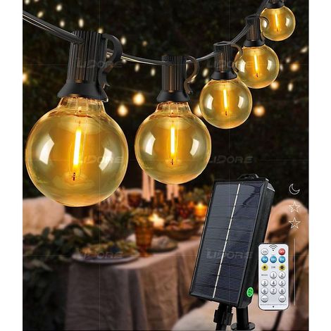 Guirlande lumineuse solaire G40, 15 mètres, 25 ampoules, étanche, 8 modes, éclairage décoratif festif, lumière blanche chaude. (1/5)