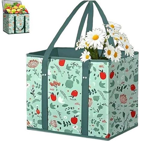 1 Sac d'épicerie réutilisable, fond renforcé, tissu non tissé, grande capacité, pour courses et pique-nique (1/5)