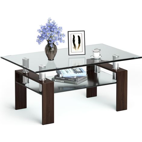 Table Basse en Verre Trempé, Forme Rectangulaire avec Etagère, Tube en Acier Inoxydable,Pied en Acier, 99x60x44,5CM, Charge 130KG, Marron (1/5)