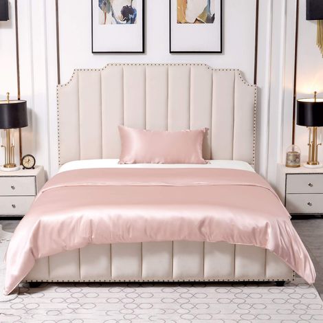 Parure de lit 25 momme en soie 2 pièces, housse de couette 135 x 200 cm et taies d'oreiller 40 x 80 cm, hypoallergénique, ultra douce et lisse, rose enchanteur (1/5)