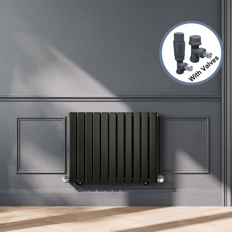 ELEGANT Designer Black Double Panel Horizontal Radiator 600 x 748mm with Anthracite Angled Thermostatic Radiator Valves (1/5)