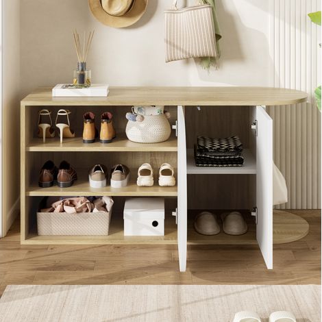 Zapatero banco de estilo francés en blanco y efecto madera natural 104 x 37 x 50 cm OKWISH (1/5)