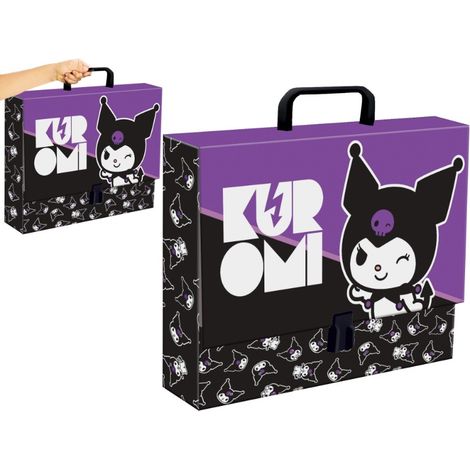 Cartella scolastica Kuromi nera XL con maniglia, rigida formato A4, spessa 9 cm, Hello Kitty
