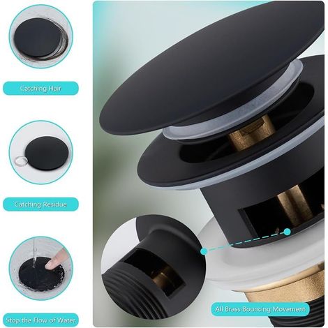 Ablaufgarnitur für Waschbecken mit Überlauf, Pop-up-Ablaufstopfen mit Klick-Klack-Mechanismus, Verstopfungsschutz, Universal-Standard-G 1 1/4", matte schwarze Oberfläche (1/4)