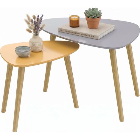 Lot de 2 tables basses gigognes design scandinave pieds en bois et plateau en bois, gris et jaune (1/5)